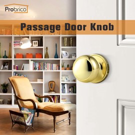 Probrico Interior Door Knobs for Closet Hallway, Polished Brass Passage Door Knob Keyless Door Lock with Round Ball Knob, 4 Pack