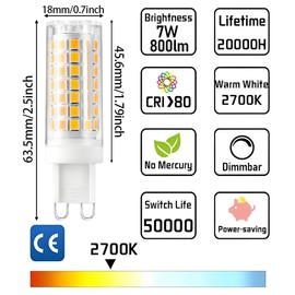 Geminilite G9 LED Bulbs Dimmable 2700K G9 Bi-Pin Base T4 7W Replacement for 70 Watts Halogen,120V 800 Lumen 360°Beam Angle Soft Warm White 6 Pack, Bathroom Vanity Light Fixture
