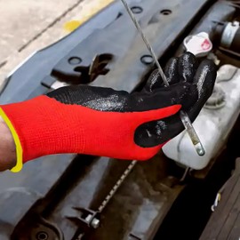 Retoo 10 Pairs of Work Gloves, Mechanic Gloves, Gardening Gloves, Latex Coating, Assembly Gloves, Safety Gloves for Gardening and Construction, Size 10, Polyester, Red, Black