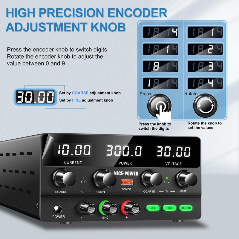 NICE-POWER DC Power Supply Variable 30V 10A, 300W Encoder Adjustable