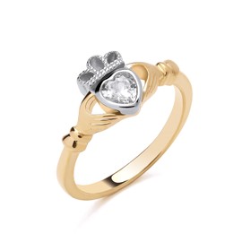 Old English Jewellers 9ct Yellow Gold on Silver Cz Claddagh Irish Celtic Ring size J K L M N O P Q R S - Love Loyalty & Freindship (S)