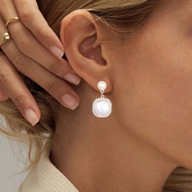 Allereya Vintage Square Pearl Drop Earrings Large Pearl Dangle Earrings Circle Pearl Stud Earrings Gold CZ Geometric Stud Earrings Jewellery for Women and Girls, Crystal