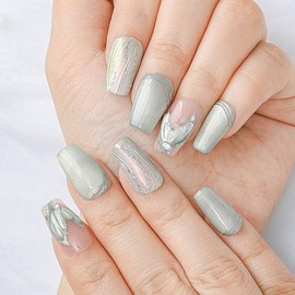 Sethaxy Handmade Nail Tip, Short Ballerina Tip, Mermaid Scales, 3D Relief, Press-On Nail, Heart Pattern, Rhinestone False Nails, Butterfly, Pearl, 3D Nails, Aurora, Bowknots, French Rose, Fake Nails,