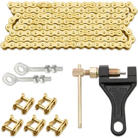 ASDFGHT 420 Chain 420 Standard Roller Chain 132 Link, Gold 420 Drive Chain for 110 125cc Dirt Pit Bike, ATV Quad Go Kart Scooter Mini Bike (With Chain Breaker +0.4" Chain Axle Adjuster)