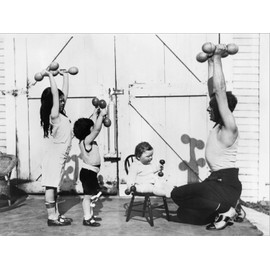 ART.COM Stretched Canvas Print Father and His Three Children Having a Workout with Dumbbells, 32" x 24"
