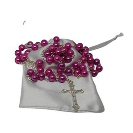 First Holy Communion Dark Pink Rosary Beads 1st Communion Confirmation Girls/Boys Gift Excellent Quality Five Decade Rosary & Silver Crucifix Pearl Effect Beads with Free White Satin Drawstring Pouch