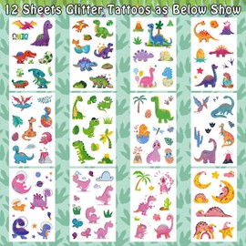 Leesgel Dinosaur Glitter Tattoos for Kids, 120 Styles Temporary Tattoos for Girls Boys Dinosaur Gifts Games Toys, Dinosaur Stickers, Fake Tattoos for Dinosaur Birthday Decorations Party Bag Fillers
