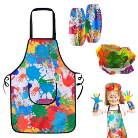 Children's Painting Gown, Adjustable Painting Apron, Reusable Children's Apron with Chef's Hat and 2 Sleeves for Painting, Apron Children with Pockets for Crafts, Painting, Baking, Cooking, Girls and