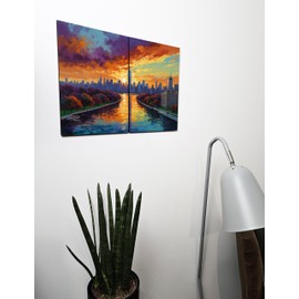 The Plum Penguin Manhattan Sunset Skyline Wall Art A4 Twin Set Wood MDF Vibrant Home Decor Canvas Alternative 40 x 30cm