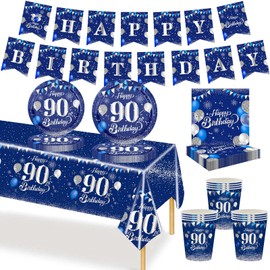 MORAINJAY 70P 90th Birthday Tableware Set - Navy Blue Cups, Plates, Napkins, Tablecloth, Banner for Men Women Party Supplies (16 Guests)