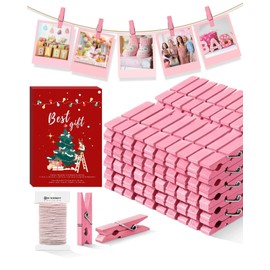 Clothes Pins Mini Clothespins Pink - 100 PCS Wooden Small Clothespins for Pictures with Jute Twine Tiny Photo Paper Clip, Ideal for Baby Shower, Crafts, Chip Clips, Home Office Decoration