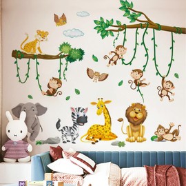 Wall Tattoo Jungle Animals Wall Stickers, Pack of 2 Tree Vines Wall Stickers, Elephant Giraffe Lion Monkey Zebra Owl Wall Sticker for Boys Girls Baby Room Bedroom Wall Decoration (30 x 90 cm)