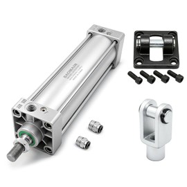 Baomain Pneumatic Air Cylinder SC 63 x 300, PT 3/8, 2-1/2" Bore, 11.81" Stroke, Single Rod Double Acting, M16x1.5 Threaded Rod, Includes CY Foot Flange, CB Binaural Base & 2X Push-in Fittings