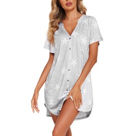 Ekouaer Women's Nightgown Short Sleeve Button Down Sleepwear V-Neck Nightshirt Pajama Dress Star Printed M