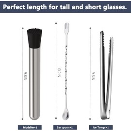 Muddler for Cocktails,10" Bar Spoon & Ice Tongs with Serrated Tip, 3Pcs Stainless Steel Bar Tools Set for Mojitos, Lemonade, Fruit Drinks, Home Party Bar Accessories