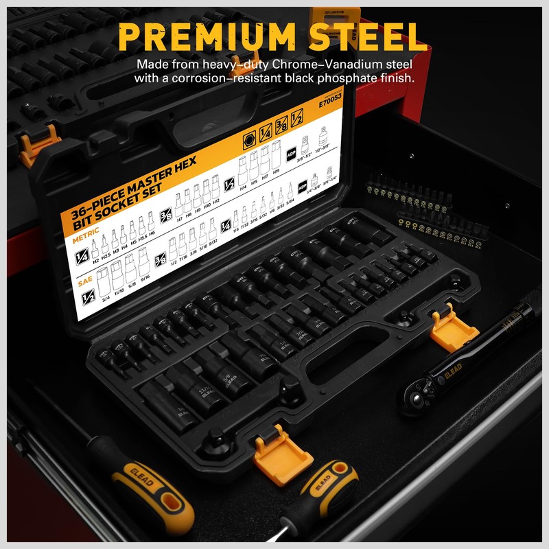 36-Piece One-Piece Hex Bit Socket Set includes Socket Adapter, 1/4",