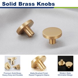 KOPPALIVE 5-Pack Gold Kitchen Cabinet Knobs, Solid Brass Knobs for Dresser Drawer, Round Minimalist Bathroom Cabinet Pulls, Modern Furniture Hardware, Brushed Finish, Diameter 1-3/16 Inch