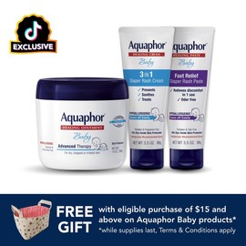 Baby Rash Relief Bundle: Aquaphor Baby Healing Ointment Advanced Therapy Skin Protectant, Dry Skin and Diaper Rash Ointment, 14 Oz Jar, Aquaphor Baby Diaper Rash Paste 3.5 oz Tube, and Aquaphor Baby Diaper Rash Cream, 3.5 Oz Tube