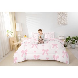 Pink Bowknot Queen Bedding Set 7 Pieces,Princess Style Bow Dreamy Bow-tie Comforter Set with Sheets for Girls Women,Cute Love Hearts Romantic Valentine's Day Bed Set in a Bag with Pillow Covers