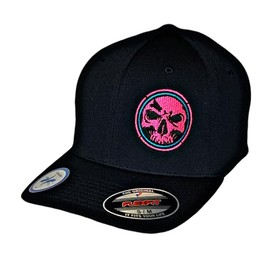 Demons Behind Me Flexfit Hat - Fitted Hat for Men - Never Fade Cap - No Sweat Lines - 100% Polyester - Embroidered in USA - Black and Pink Circle Skull Blue Ring