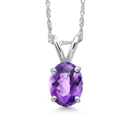 Gem Stone King 10K White Gold Purple Amethyst Pendant Necklace for Women | 0.75 Cttw | Gemstone February Birthstone | Oval Checkerboard 7X5MM | With 18 Inch Chain