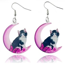 twinkle eye Acrylic Animal Fun Cat on the Moon Dangle Earrings 70'S 80'S Retro Shiny Disco Ball Earrings Lovely Cat Earrings for Women Dance Party Costume Jewelry Gifts