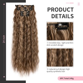 FLUFYMOOZ Clip In Hair Extensions,6PCS Hair Extensions Long Mermaid Waves Wavy Synthetic Clip On Hairpiece For Women 24 Inch (Deep Brown with Dirty Blonde)