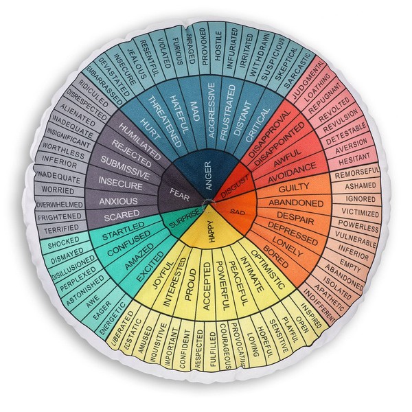 Wheel of Emotions Feelings Pillow Round Throw Circle Seating Floor Cushion Comfortable Round Pillow Floor Cushions Mat for Therapist Counseling Office Home Sofa Decor (Dark Colors,20 x 20 Inch)