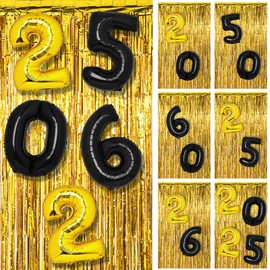 Number Balloons 26250 with 3 Pack Foil Fringe Backdrop, DIY Various Numbers 20, 25, 26, 50, 60 Foil Balloons for Birthday Anniversary Events Engagement Wedding 2026 New Year Eve Party Decor(Gold)