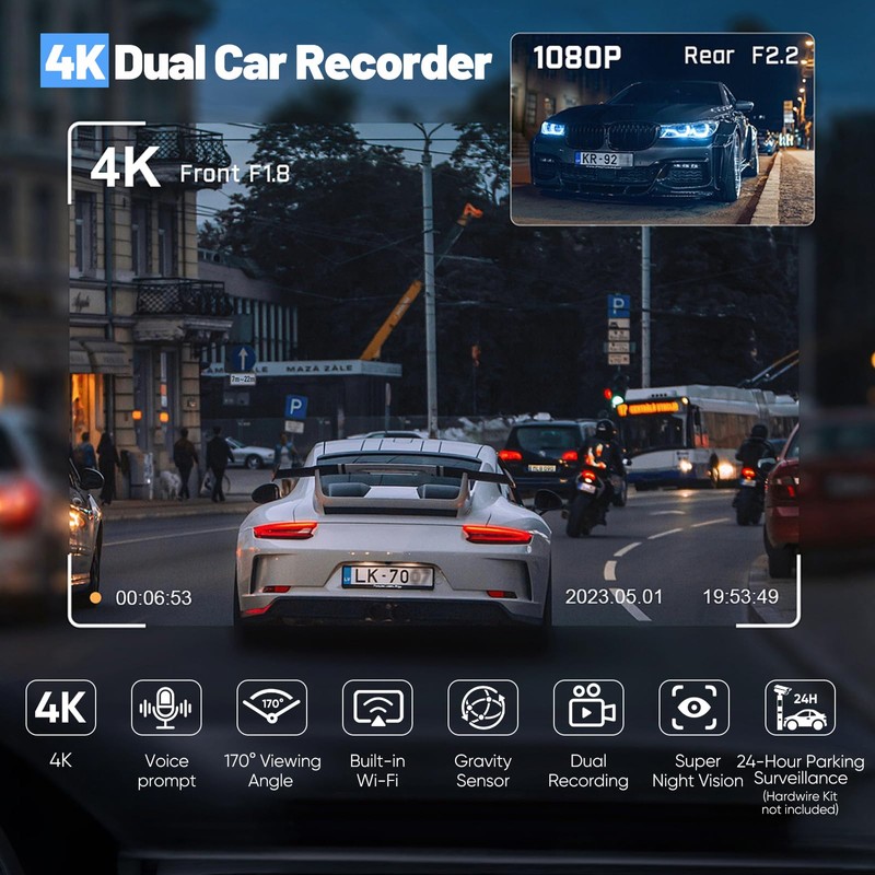Dash Cam Front and Rear 4K+1080P, Built-in WiFi Dual Car