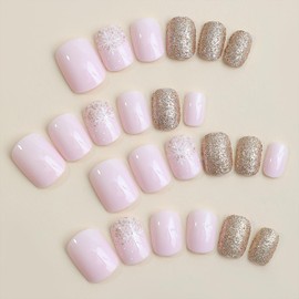 Christmas Press on Nails Square Short Fake Nails Pink False Nails With Snowflake Designs Glitter Full Cover Stick on Nails Acrylic Xmas Winter Artificial Nails Glue on Nails for Women 24Pcs