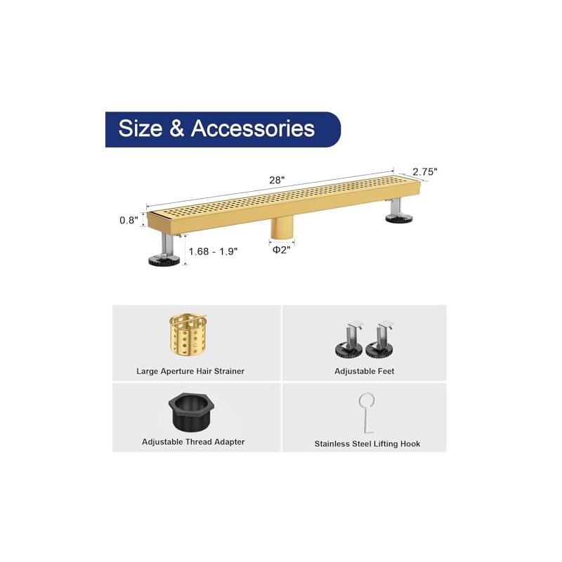 28 Inch Brushed Gold Linear Shower Drain with Adjustable Feet