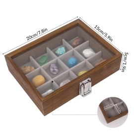 Dmnnlp 12 Grids Rock Display Case, Wooden Rock Collection Box with Clear Lid, Display Box for Collectables,Storage Cases for Small Rocks Gemstone Fossil Crystal Stone Jewellery (Dark Brown)