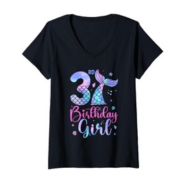 Womens 3rd Birthday Girl Shirt Three Year Old Mermaid Bday Party V-Neck T-Shirt