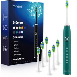 7AM2M Ultrasonic Electric Toothbrush with 6 Brush Heads for Adults&Kids, Type C Charging, One Charge for 120 Days, 5 Modes&40000VPM Powered Toothbrush, 2 Minutes Built in Smart Timer (Peacock Green)