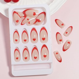 24pcs Valentines Press-on Medium French Tip Heart Red Acrylic Nails with Glue - DIY Manicure Decoration
