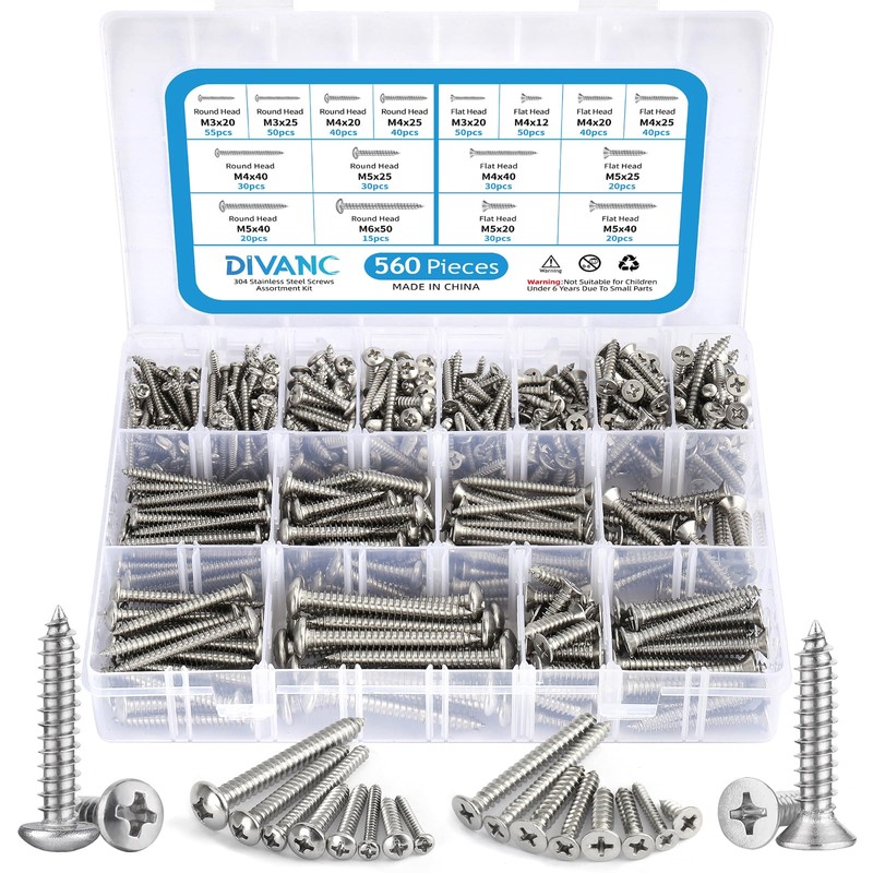 DIVANC 560Pcs 304 Stainless Steel Self Tapping Screws Assortment Set,