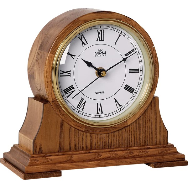 MPM Quality Retro Wood Table Clock, Brown, Traditional and Elegant