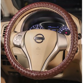 Men Steering Wheel Cover Leather for Car Hand-Made Woven Wrap Brown 15 Inch