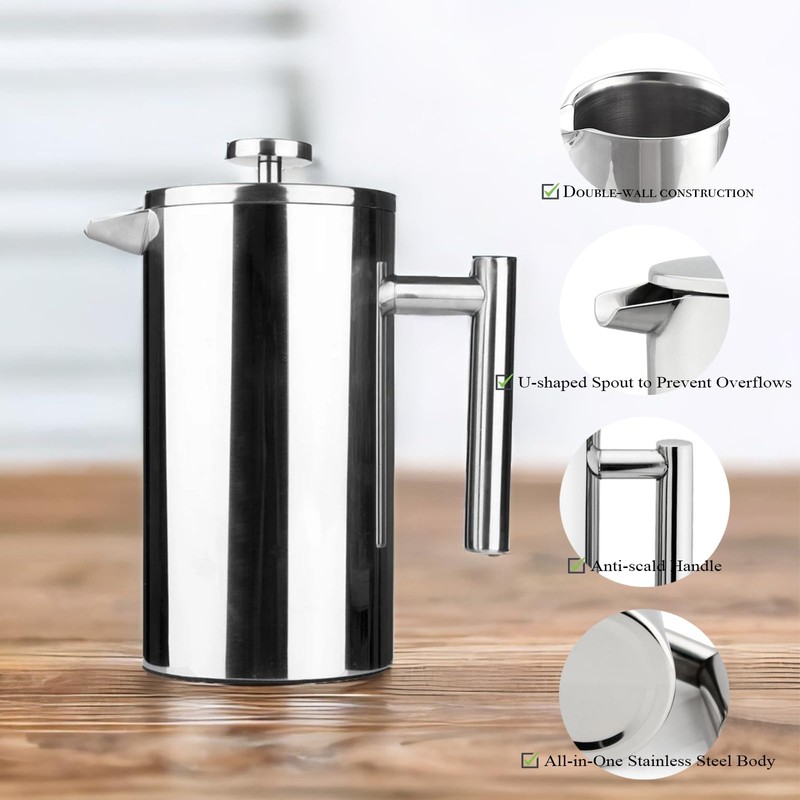 Small Stainless Steel French Press, 12oz Dual-Filter Coffee Plunger Pot