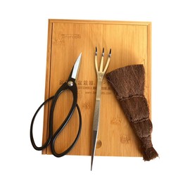 Tinyroots Bonsai Tool Kit - 3 Piece Set With Traditional Butterfly Shears, Japanese Hemp Broom, Three Pronged Rake & Bamboo Storage Case