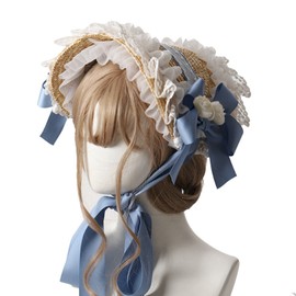 Tea Party Sun Hat Straw Plaited Lace Ribbon Tie Flowers Cute Women's Victorian Sun Hat for Afternoon Tea Light Blue Free Size
