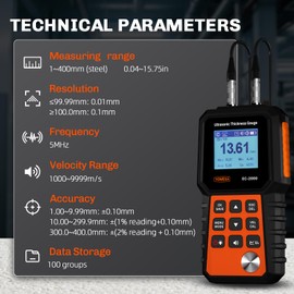 YOWEXA EC-2000 Ultrasonic Thickness Gauge, 0.04-15.75in(1-400mm) Range for Steel, Metal, Plastic, Glass, with Backlit Display & 100 Data Storage, Industrial Thickness Tester