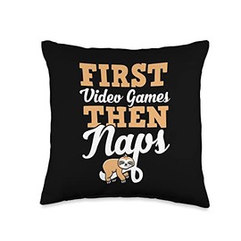 Funny PC Gamer Birthday Party Supply Accessories First Video Games Then Naps Funny Gamer Sleeping Sloth Lover Throw Pillow, 16x16, Multicolor