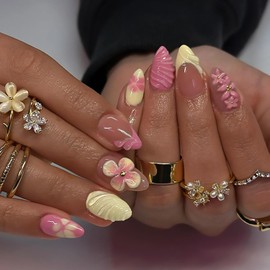 Tyuimhx 3D Flowers Press on Nails Short Almond Fake Nail with 3D Stripe Designs Pink Yellow French Tip False Nails Summer Full Cover Stick on Nail Acrylic Artificial Glue on Nail for Women 24 Pcs