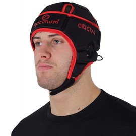 Optimum Senior Origin Rugby and Football Headguard - Full Coverage Scrum Cap | Breathable, Soft-Edged, Lightweight Sports Protective Headgear Black/Red, X-Large