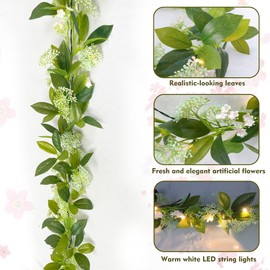 Eksen Greenery Garland for Mantle with Lights – Battery Operated Vine Garland with Timer, Spring Summer Wedding Holiday Decor