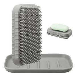 2-in-1 Silicone Soap Holder & Brush Set with Built-in Soap Saver Compartment, Includes a leak-proof soap tray+body brush, Unbreakable&Noise-Free, Soap Dish with Soft Brush, Brush with Soap Dish (grey)