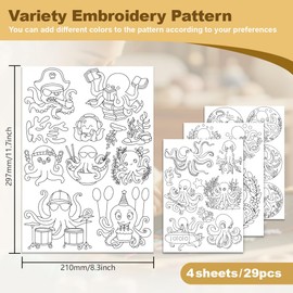 DOODLREAM 29Pcs Cute Octopus Water Soluble Hand Sewing Stabilizers, 21 x 29.7cm Sea Animal Embroidery Pattern Stabilizer, 4 Sheets Marine Creature Stick and Stitch Embroidery Paper Sticker