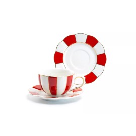 Grace's Teaware Grace Teaware Red and White Scallop Fine Porcelain Tea Cup and Saucer Gold Rim